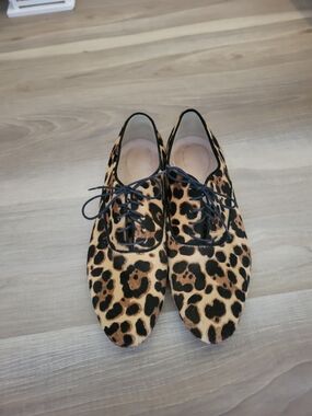 J. Crew Leopard-Print Genuine Leather Oxford Flats in Black and Tan Size 8.5